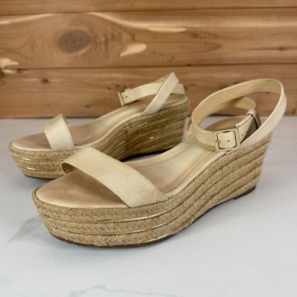Schutz  Espadrille Wedge Sandals Womens 38/7.5 Gold Trim Cream Leather Summer